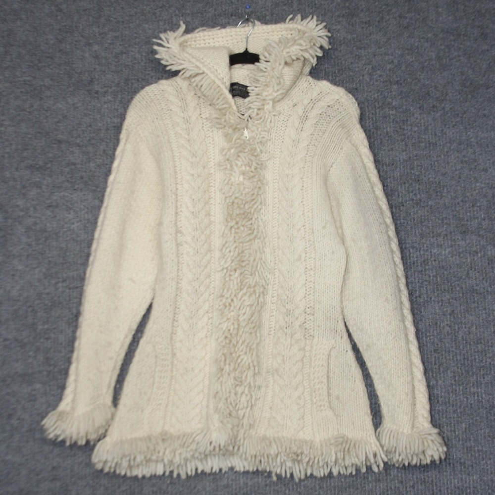 Vintage Sisandina Wool Hooded‎ Cardigan Sweater Womens S Cream Shaggy Fringe Zip